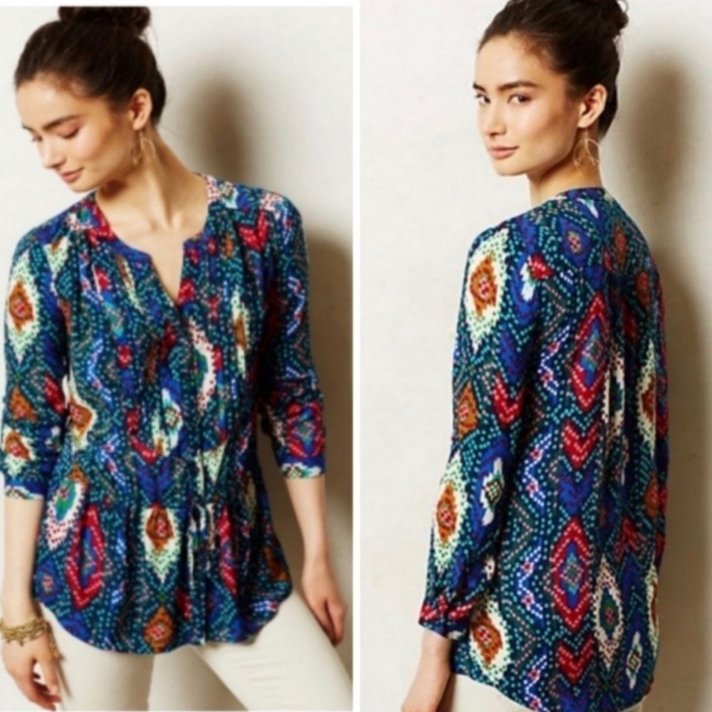 Anthropologie Maeve Topoxte Multi Pintuck Ikat Blouse Size 2